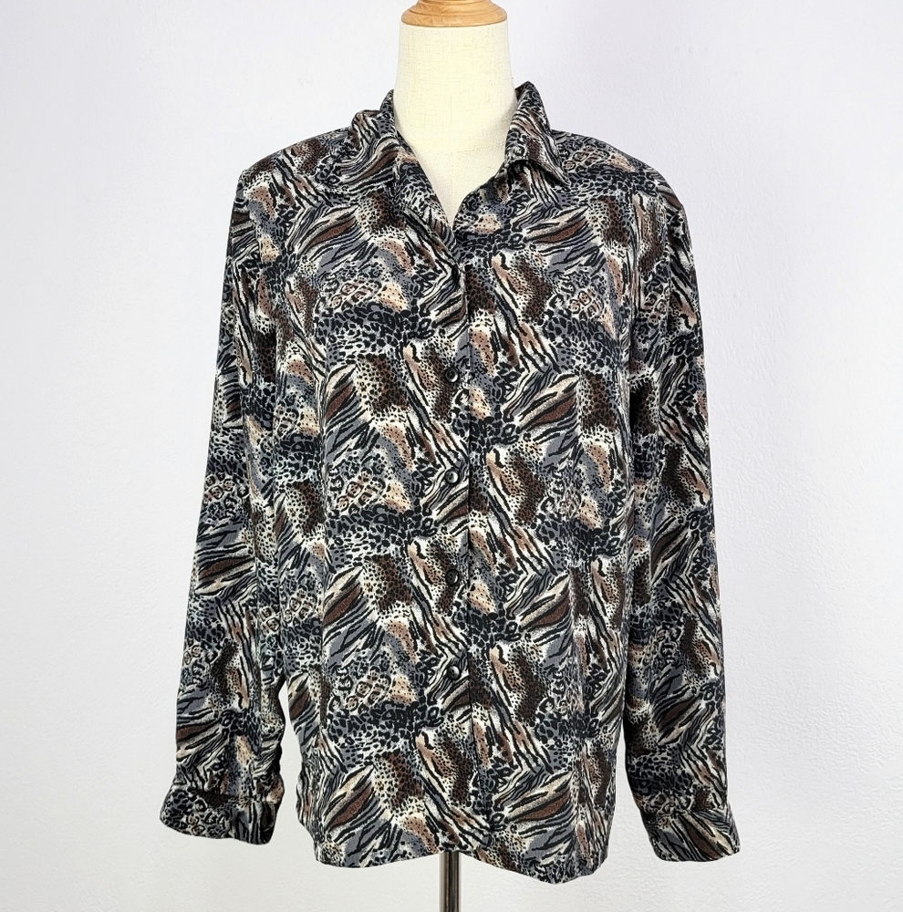 Vintage 80s Donnkenny Classics Sheer Animal Print Button Blouse Size Large